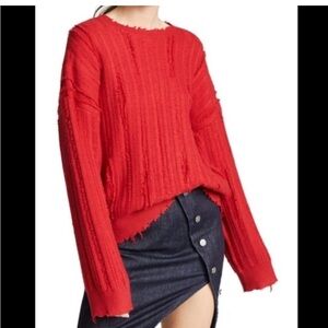 R+A Red Distressed Pullover Crew Neck Sweater Oversized Size XXS‎